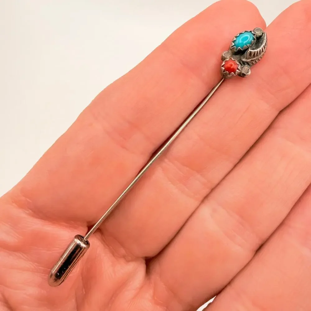 Vintage Sterling Silver Southwest Navajo Turquoise Coral Leaf Stick Pin